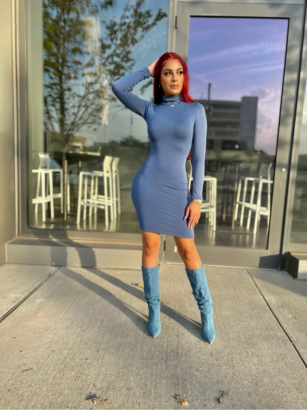 Blue denim half-calf boots with pointed toe